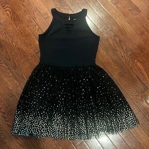 EUC Girls black dress with gold foil stars